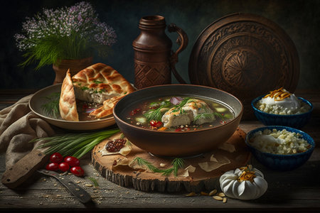 Russian cuisine with Russian products. lunch and national cuisine. food and nutrition. tasty set of delicious food. . Traditional authentic snack and hearty meal. different dishes.の素材