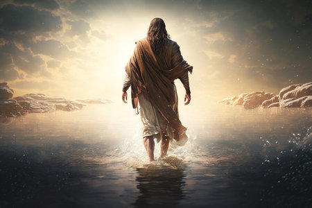 Jesus Christ walks on water. religious concept. bible. Faith. Drawing with paints. painting.の素材