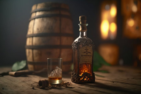 whiskey glass. brandy. Bottle of whiskey with ice. Glass of Scotch and ice sits on top of a rustic whiskey barrel. old fashioned cocktail classic bourbon and bitters barrels.の素材