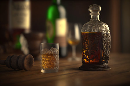 whiskey glass. brandy. Bottle of whiskey with ice. Glass of Scotch and ice sits on top of a rustic whiskey barrel. old fashioned cocktail classic bourbon and bitters barrels.の素材