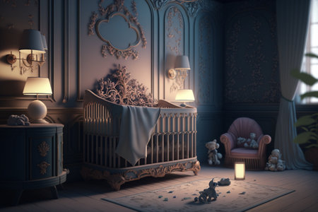 Cozy and modern beautiful room for little kids and teenagers living. Children's room, modern design, creative layout, toys and study attributes. Cribs, bright window. child, baby. interior.の素材