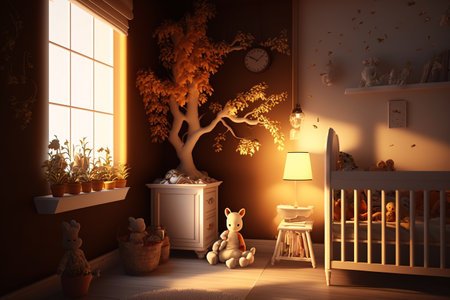 Cozy and modern beautiful room for little kids and teenagers living. Children's room, modern design, creative layout, toys and study attributes. Cribs, bright window. child, baby. interior.の素材