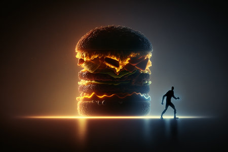 fast food problem of being overweight. Improper diet, junk food, unhealthy habits. Overweight problem, fat people, big belly, extra calories, diet. Burger Fat Proper nutrition.の素材