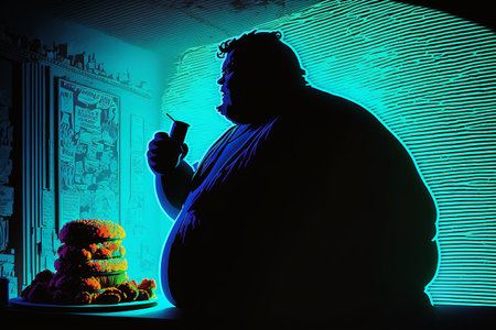 fast food problem of being overweight. Improper diet, junk food, unhealthy habits. Overweight problem, fat people, big belly, extra calories, diet. Burger Fat Proper nutrition.の素材