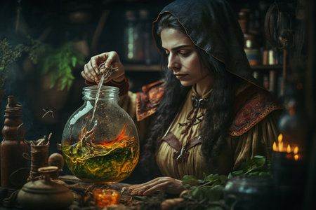 Witch with making witchcraft, magic spells, hat conjuring. Spooky dark magic forest. magician. Wide Halloween party art design. Terrifying scary character, beautiful sorceress.の素材