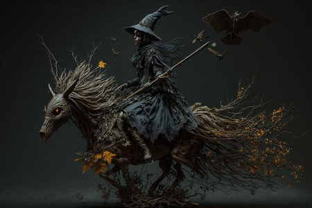 Witch with making witchcraft, magic spells, hat conjuring. Spooky dark magic forest. magician. Wide Halloween party art design. Terrifying scary character, beautiful sorceress.の素材