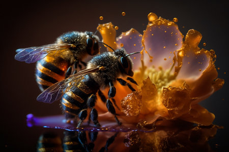 A bees collects honey on flowers on nature. Closeup of a honey bee feeding nectar. Multicolored flowering summer meadow. golden lush blooming. wildflower meadow with wild herbs and flowers.の素材
