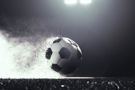 Soccer championship or football sport game tournament flying ball. symbol of soccer ball flying to goal on arena stadium for football cup or college league team and fan club. .の素材