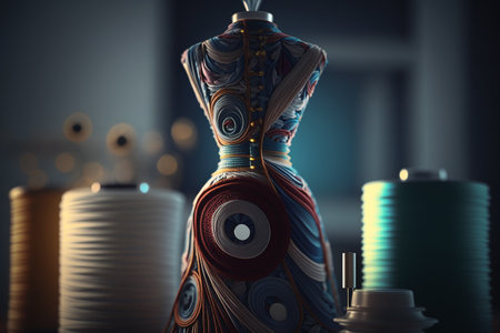 Tailor or dressmaker work and fashion designer atelier sketch items. sewing machine or seamstress pattern cut and dress fitting dummy mannequin with thread, needle or thimble and iron.の素材