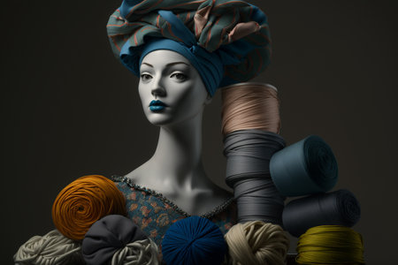 Tailor or dressmaker work and fashion designer atelier sketch items. sewing machine or seamstress pattern cut and dress fitting dummy mannequin with thread, needle or thimble and iron.の素材