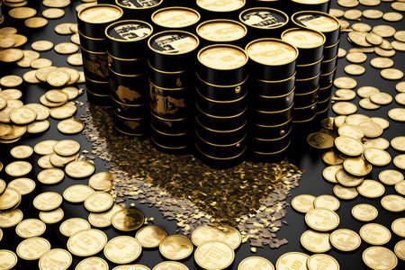 oil production. extraction of money. barrels of oil, netechka, production, sale of petroleum products. Concept of gold oil drilling pump. Petrol, gas. countries. Crude Oil Supply.の素材