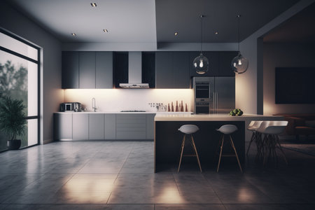 Kitchen in luxury home. interior design of modern. empty room, design, decorative, serving. banner. apartment for sale and rent real estate, simply, scandinavian, minimalist interior.の素材