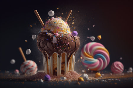 A set of sweets. candies pastries, cake, sweets, desserts. Festive, creative. Delicious. A collection of delicious, high-calorie foods. assorted chocolates colorful lollipops.の素材