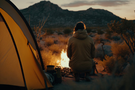 Vacation weekend in nature with a backpack. Sunset in the woods. Mountain landscape travel lifestyle camping. Summer trip in nature. Relaxing and lying in a sleeping bag in a tent.の素材