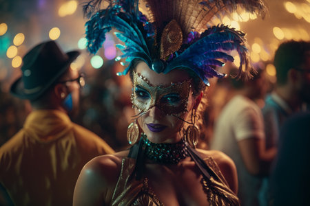 carnival party festival mask. Colorful mardi gras beads, confetti, feathers. Popular Event in Brazil. Festive Mood.entertainment luxury. Generative AIの素材