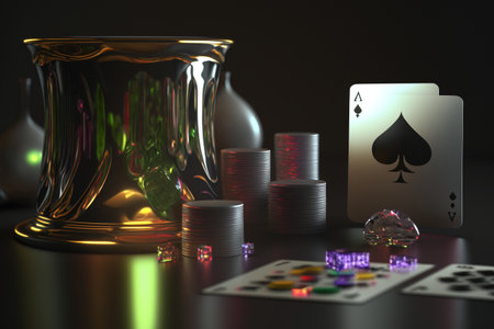 Online casino layout concept, playing cards, dice chips. Online poker, roulette, sports betting, soccer. Vegas Gambling. slot machine. creative decorationsの素材