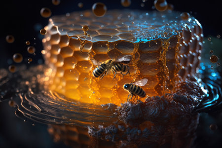 creative and gorgeous sets of sweet and fresh honey, bees and honeycomb. Proper nutrition, natural sugar substitute, ecological fructose, healthy living. flowers of the meadow.の素材