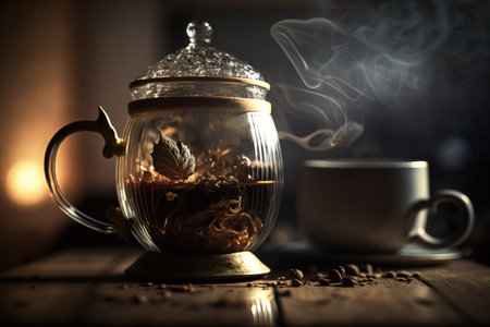 A deliciously hot and playful cup of organic tea made from quality and fresh leaves with great serving and creative design and decor. .High quality 3d illustrationの素材