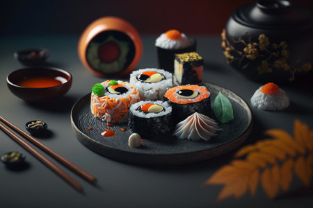 Asian food original recipes japanese cuisine, Tradition Dishes, Asian cuisine, enjoying freshly served traditional seafood donburi with chopsticks.の素材