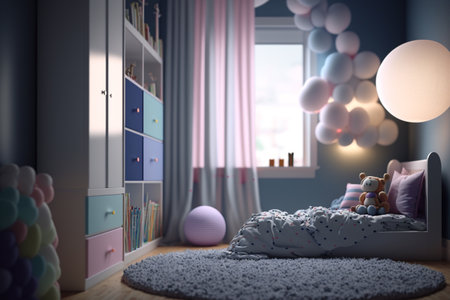 Cozy and modern beautiful room for little kids and teenagers living. Children's room, modern design, creative layout, toys and study attributes. Cribs, bright window. child, baby. interior.の素材