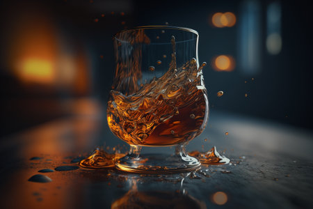 whiskey glass. brandy. Bottle of whiskey with ice. Glass of Scotch and ice sits on top of a rustic whiskey barrel. old fashioned cocktail classic bourbon and bitters barrels.の素材