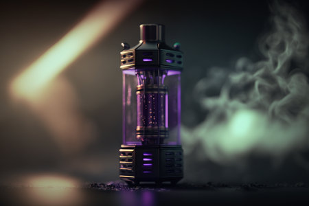 Colored e-cigarettes for vaping and various fruits. The symbol of the vape device. e-cigarette. Store for vaping. Nicotine problem and addiction. stop. The club of vapor and smokeの写真素材