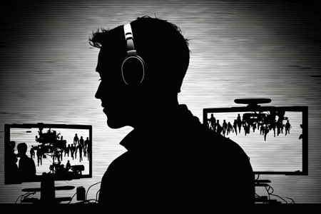 Coverage of events, programs. News production, journalists correspondents. Studio, information. TV Live Reporting Television Cable Channel Newsroom: Anchorwoman Talks Broadcasting Networkの素材