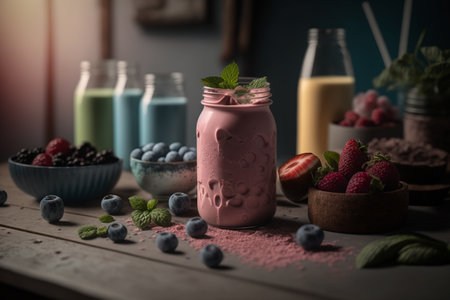 proper nutrition, smoothie freshes splash, Blended fruit smoothies ecological food, healthy lifestyle. Bright mixed colors. glasses and blenders.の素材