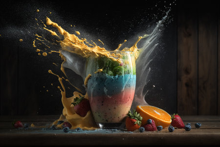 proper nutrition, smoothie freshes splash, Blended fruit smoothies ecological food, healthy lifestyle. Bright mixed colors. glasses and blenders.の素材