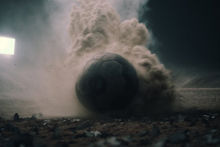 Soccer championship or football sport game tournament flying ball. symbol of soccer ball flying to goal on arena stadium for football cup or college league team and fan club. .の素材