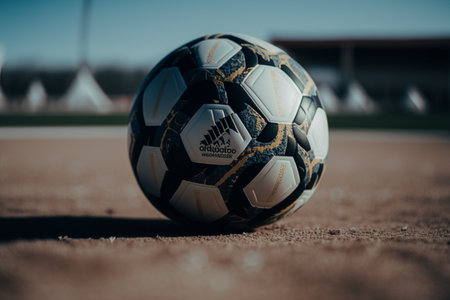 Soccer championship or football sport game tournament flying ball. symbol of soccer ball flying to goal on arena stadium for football cup or college league team and fan club. .の素材