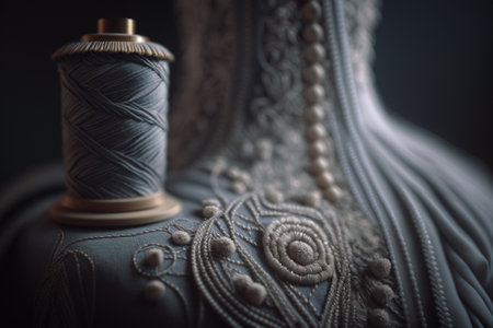 Tailor or dressmaker work and fashion designer atelier sketch items. sewing machine or seamstress pattern cut and dress fitting dummy mannequin with thread, needle or thimble and iron.の素材