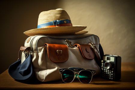 Colorful concept of summer holidays and holidays. Time for rest and leisure, weekends and vacations, entertainment planning, trips, travels. Pleasure. Assembling things, accessories for the trip.の素材