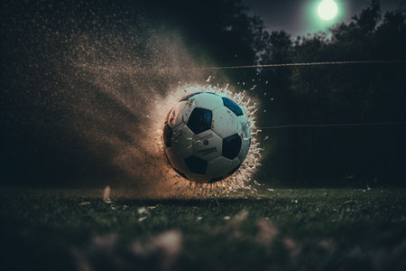 Soccer championship or football sport game tournament flying ball. symbol of soccer ball flying to goal on arena stadium for football cup or college league team and fan club. .の素材