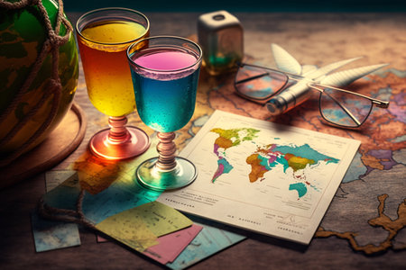 Colorful concept of summer holidays and holidays. Time for rest and leisure, weekends and vacations, entertainment planning, trips, travels. Pleasure. Assembling things, accessories for the trip.の素材