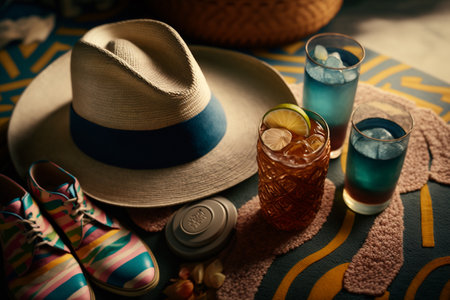 Colorful concept of summer holidays and holidays. Time for rest and leisure, weekends and vacations, entertainment planning, trips, travels. Pleasure. Assembling things, accessories for the trip.の素材