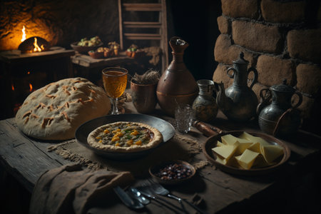 A set of local authentic delicious Georgian cuisine food, beautiful decoration, cozy place. high quality 3d illustrationの素材