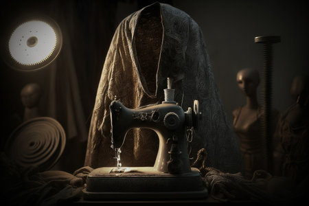 Tailor or dressmaker work and fashion designer atelier sketch items. sewing machine or seamstress pattern cut and dress fitting dummy mannequin with thread, needle or thimble and iron.の素材