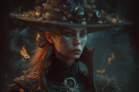 Witch with making witchcraft, magic spells, hat conjuring. Spooky dark magic forest. magician. Wide Halloween party art design. Terrifying scary character, beautiful sorceress.の素材