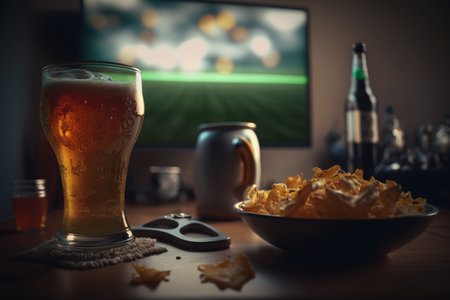 TV, television watching football match with snacks and alcohol. relax in front of the TV. A fan match play off. a plate of potato chips mug of beer on the table. popcorn drinks.の素材
