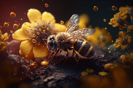 A bees collects honey on flowers on nature. Closeup of a honey bee feeding nectar. Multicolored flowering summer meadow. golden lush blooming. wildflower meadow with wild herbs and flowers.の素材