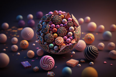 A set of sweets. candies pastries, cake, sweets, desserts. Festive, creative. Delicious. A collection of delicious, high-calorie foods. assorted chocolates colorful lollipops.の素材