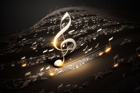 The concept of an eternal theme about the eternity of music. Musical instruments, good mood, ascended aspiration, action, treble clef, sheet music. high quality 3d illustrationの素材
