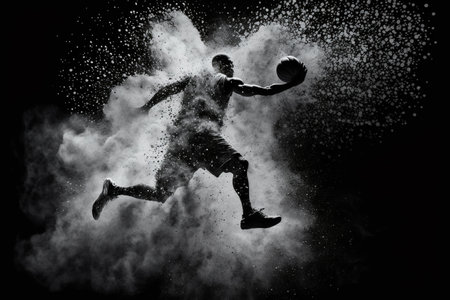 image of jumping basketball player with ball, view of dust and smokeの素材