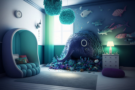 Cozy and modern beautiful room for little kids and teenagers living. Children's room, modern design, creative layout, toys and study attributes. Cribs, bright window. child, baby. interior.の素材