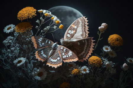 A unique and creative collection of beautiful moths and butterflies. Delicate flight. Wonderful meadow of flowers, morning dew, cute insects, wings, moon nature, sunlightの素材