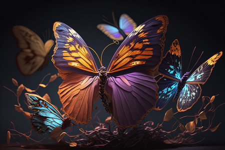 A unique and creative collection of beautiful moths and butterflies. Delicate flight. Wonderful meadow of flowers, morning dew, cute insects, wings, moon nature, sunlightの素材