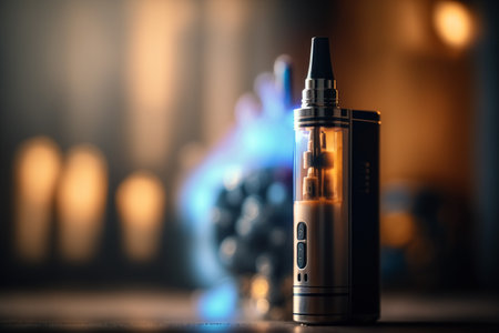 Colored e-cigarettes for vaping and various fruits. The symbol of the vape device. e-cigarette. Store for vaping. Nicotine problem and addiction. stop. The club of vapor and smokeの素材