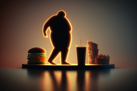 fast food problem of being overweight. Improper diet, junk food, unhealthy habits. Overweight problem, fat people, big belly, extra calories, diet. Burger Fat Proper nutrition.の素材