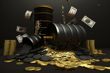 oil production. extraction of money. barrels of oil, netechka, production, sale of petroleum products. Concept of gold oil drilling pump. Petrol, gas. countries. Crude Oil Supply.の素材